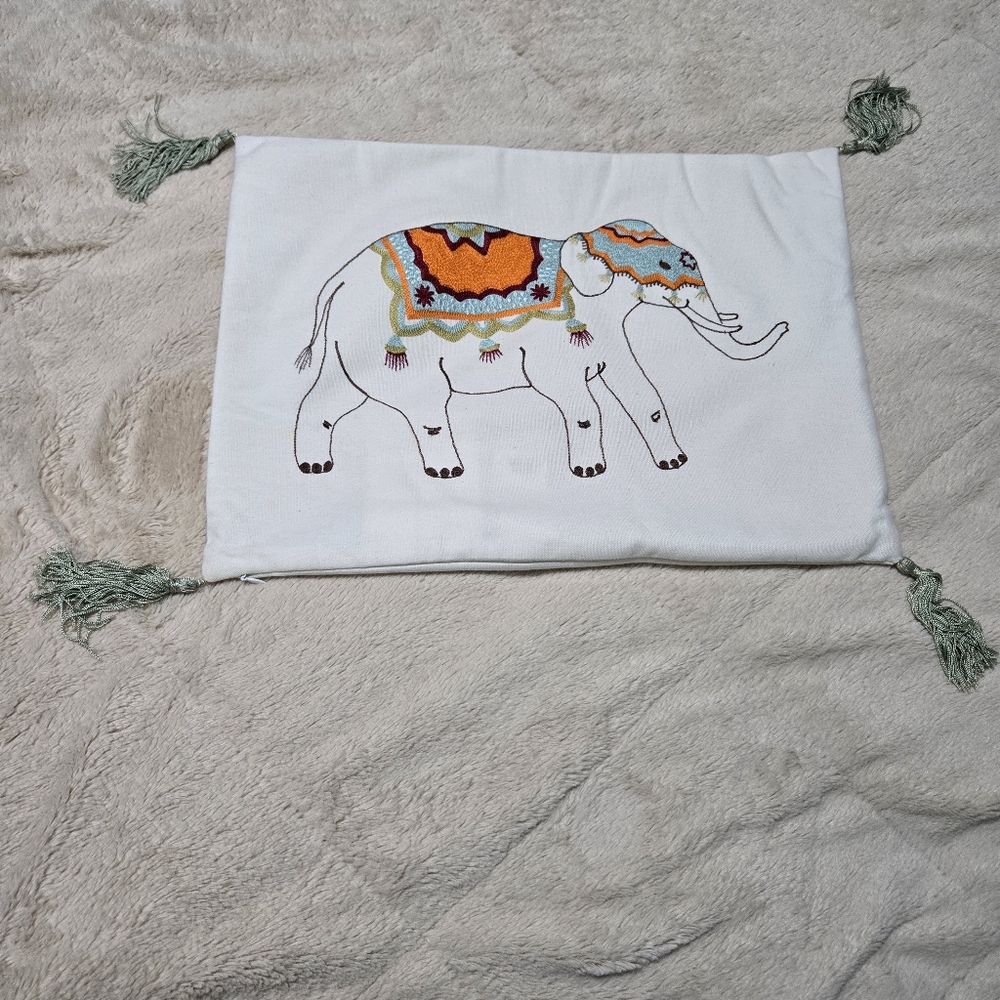 Embroidered Elephant Throw Pillow Case with Colorful Tassel Decor